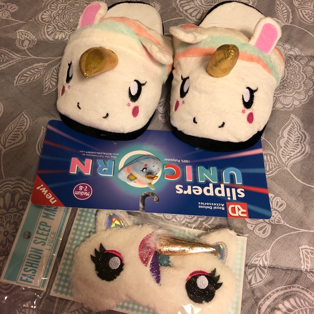 Unicorn slippers and sleep mask